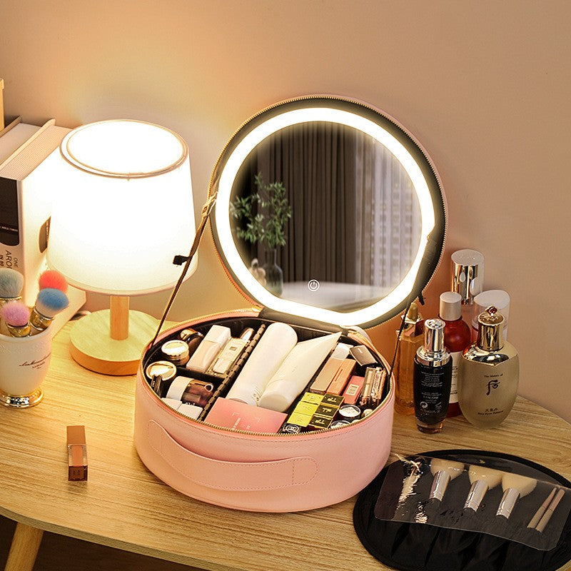 Round LED Makeup Bag With Mirror Light Large Capacity Travel Cosmetic Case