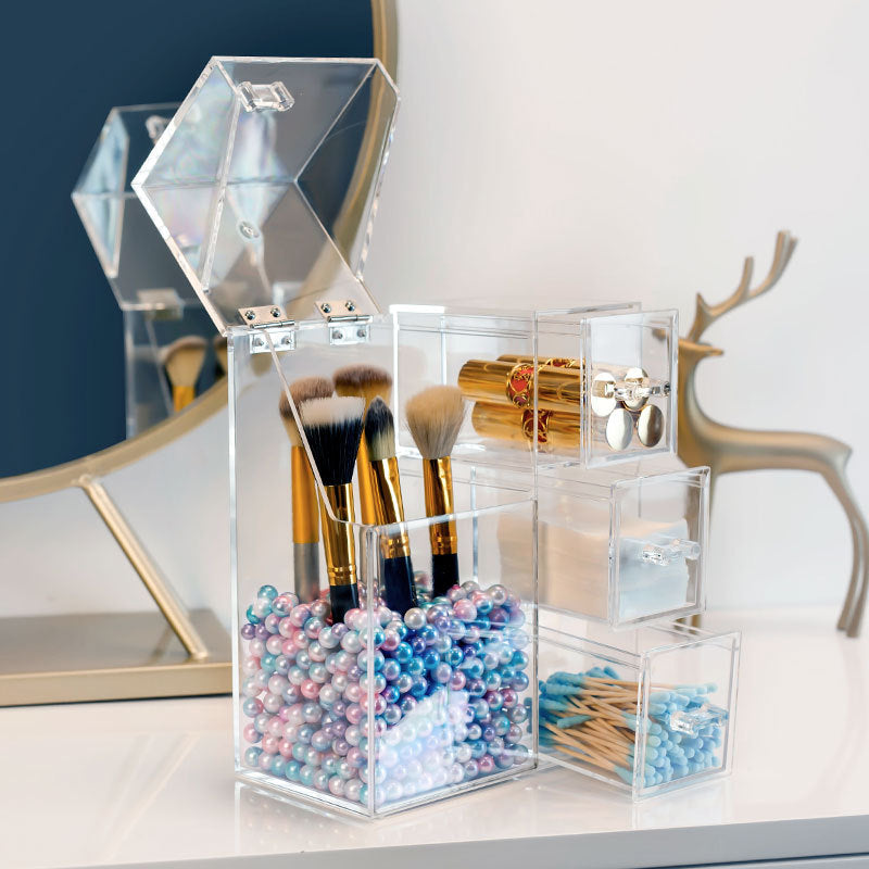 Clear Acrylic Makeup Brush And Jewelry Storage Organizer Box