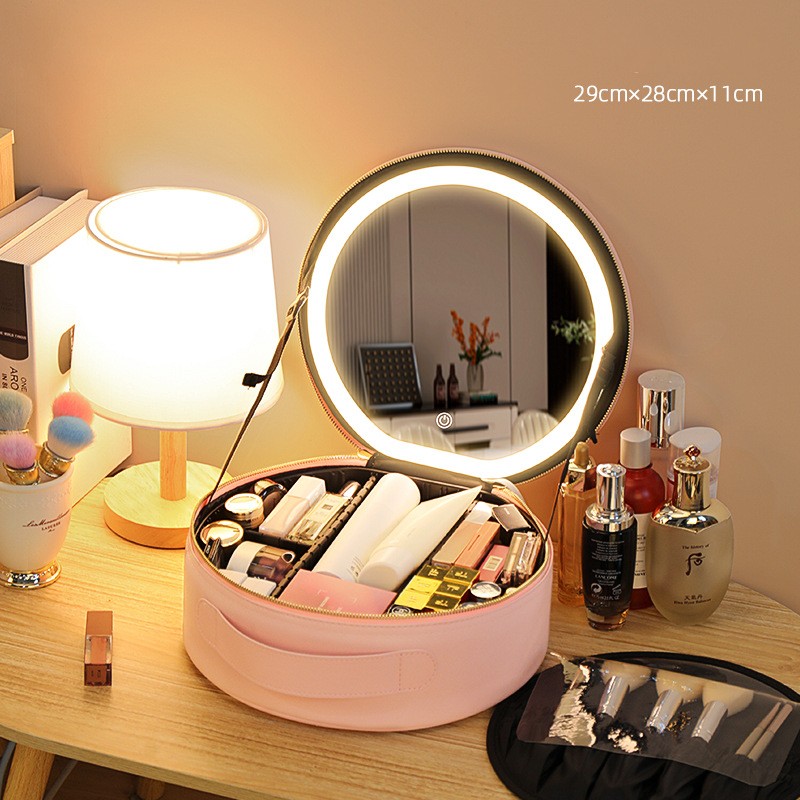 Round LED Makeup Bag With Mirror Light Large Capacity Travel Cosmetic Case
