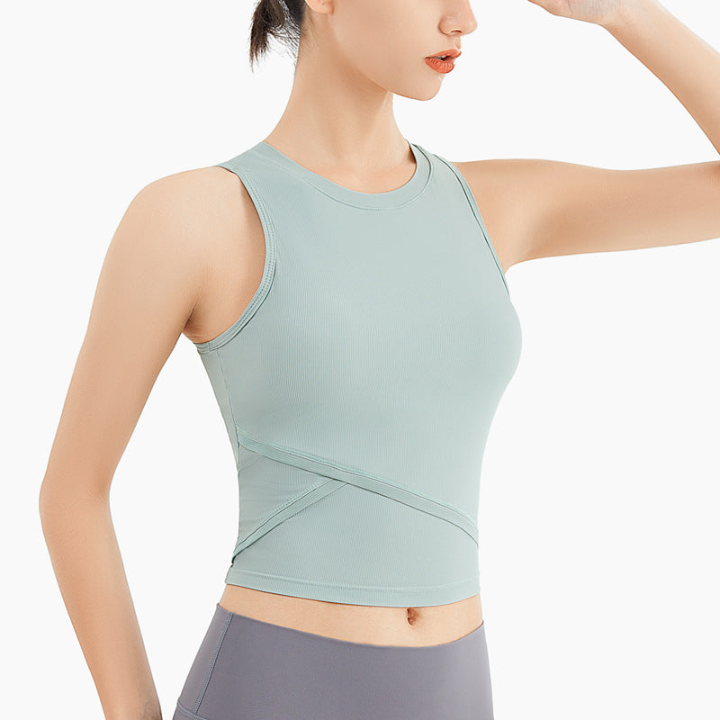Women Ribbed Yoga Vest With Chest Pad Sports Running Top