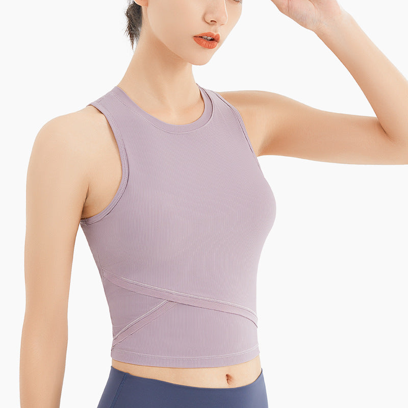 Women Ribbed Yoga Vest With Chest Pad Sports Running Top