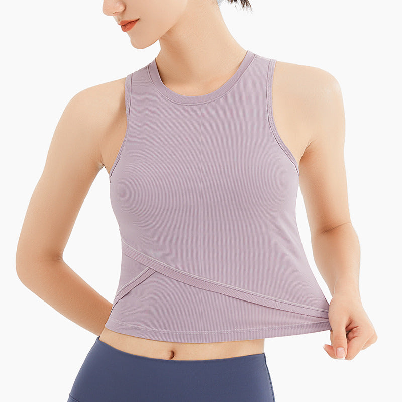 Women Ribbed Yoga Vest With Chest Pad Sports Running Top