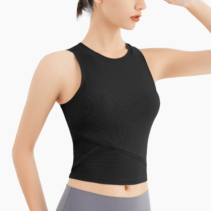 Women Ribbed Yoga Vest With Chest Pad Sports Running Top