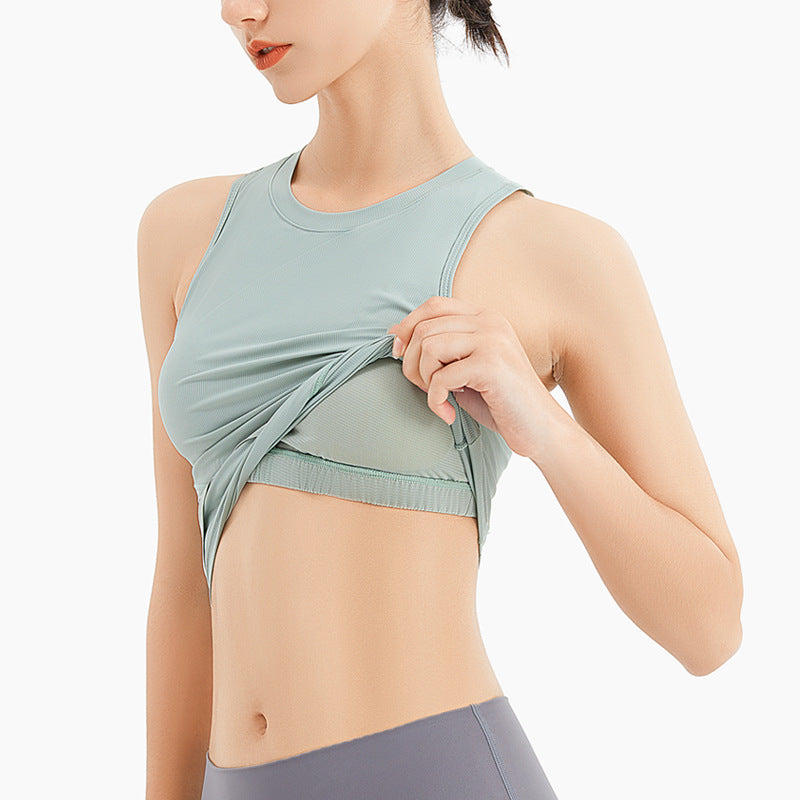 Women Ribbed Yoga Vest With Chest Pad Sports Running Top