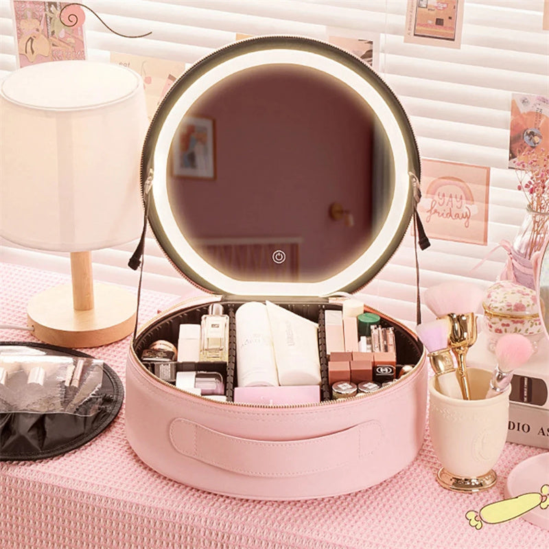Round LED Makeup Bag With Mirror Light Large Capacity Travel Cosmetic Case