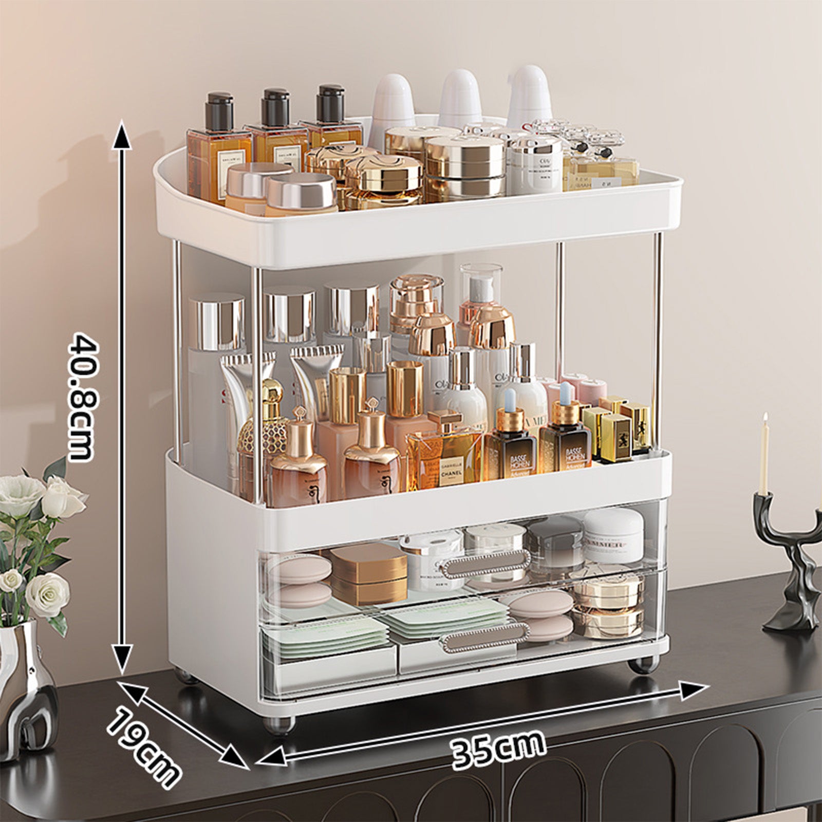 4 Tier Makeup Organizer 2 Drawer Cosmetic Storage Vanity Bathroom Rack