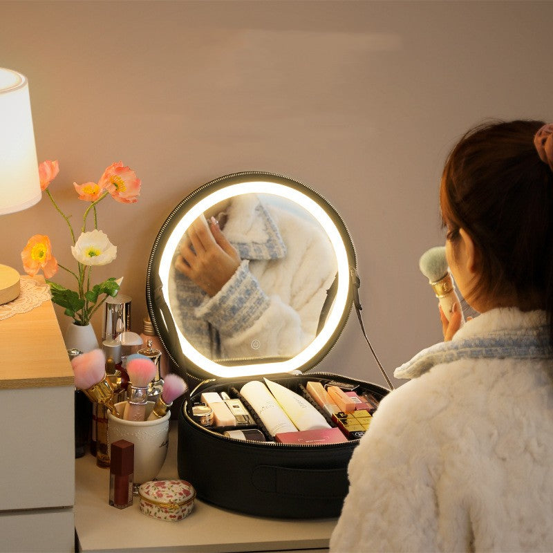 Round LED Makeup Bag With Mirror Light Large Capacity Travel Cosmetic Case