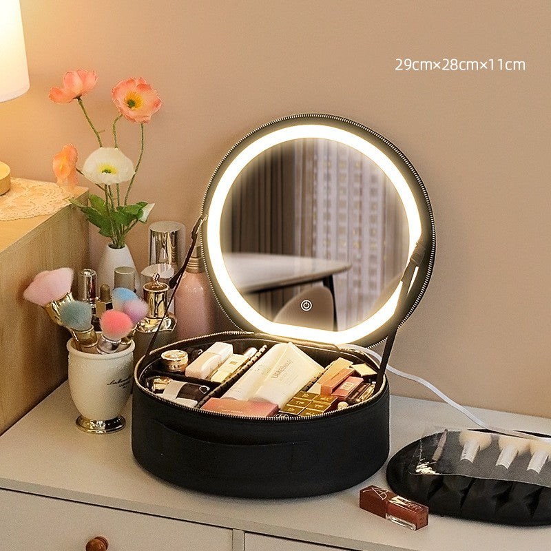 Round LED Makeup Bag With Mirror Light Large Capacity Travel Cosmetic Case