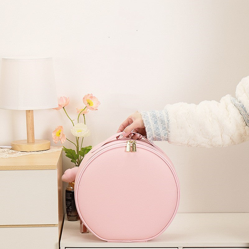 Round LED Makeup Bag With Mirror Light Large Capacity Travel Cosmetic Case