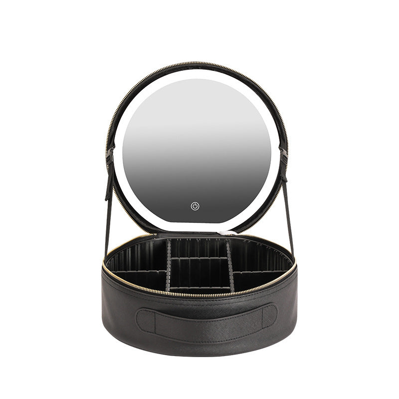 Round LED Makeup Bag With Mirror Light Large Capacity Travel Cosmetic Case
