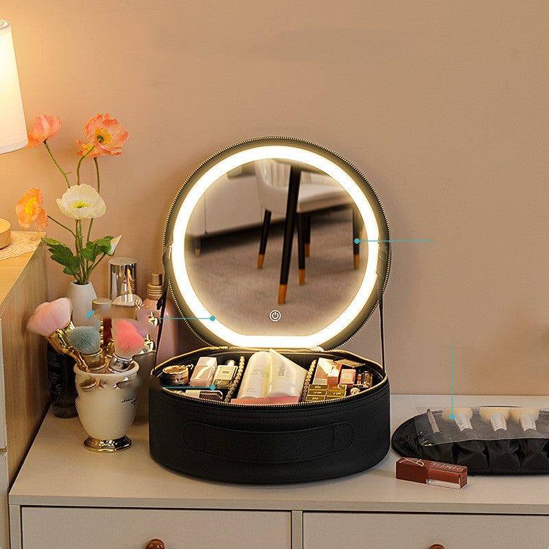 Round LED Makeup Bag With Mirror Light Large Capacity Travel Cosmetic Case