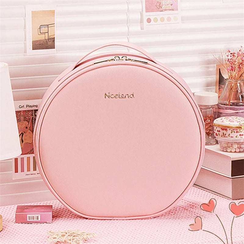 Round LED Makeup Bag With Mirror Light Large Capacity Travel Cosmetic Case